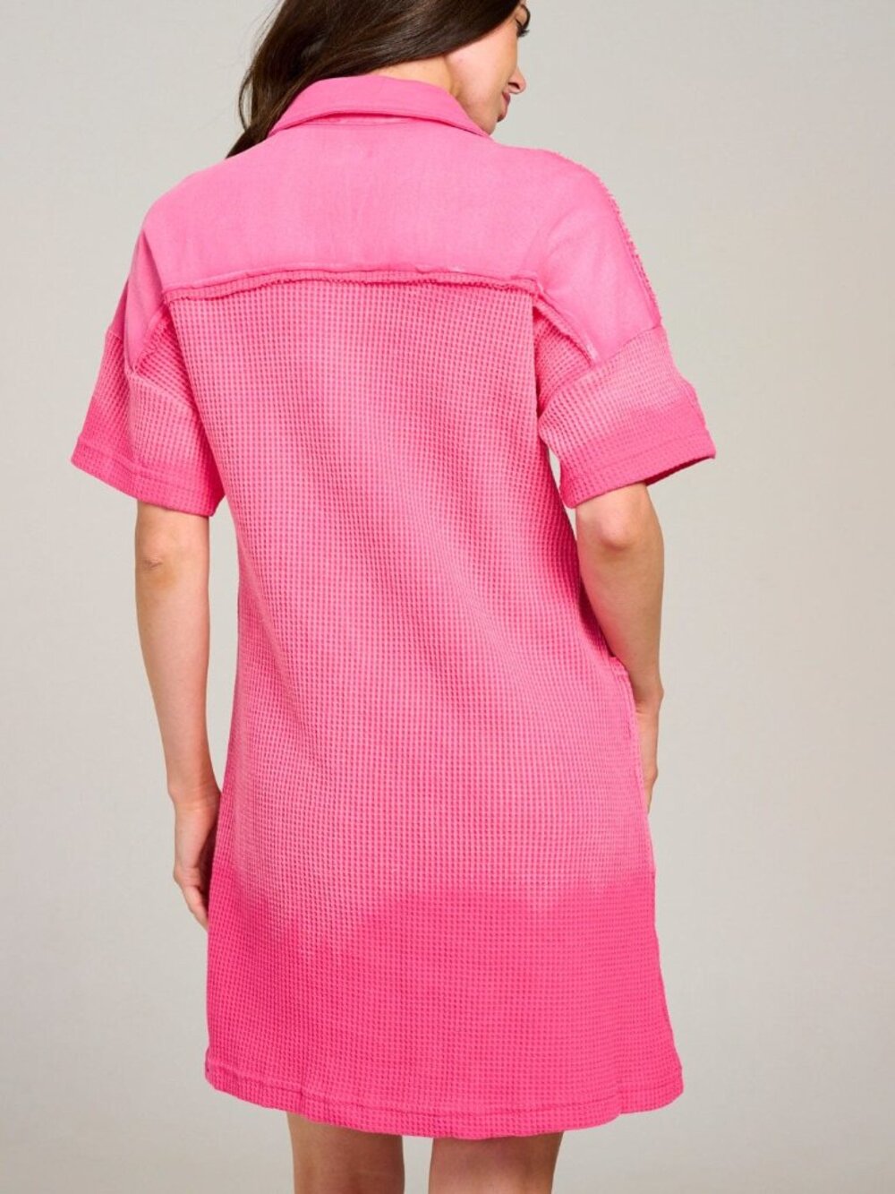 BIBI Dress XL Pink Washed Fuchsia Waffle Knit Polo Patch Pocket Y2K Minimalist - Picture 3 of 8